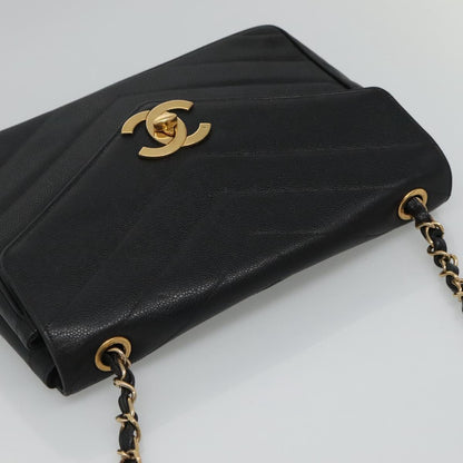 CHANEL Chain Shoulder Bag Caviar Skin Black Gold CC PP181