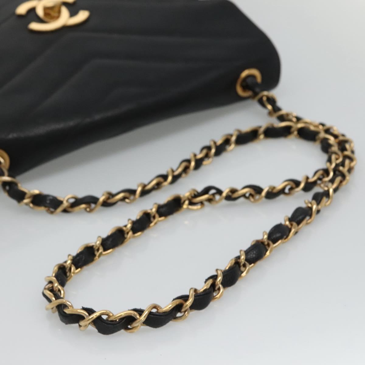 CHANEL Chain Shoulder Bag Caviar Skin Black Gold CC PP181