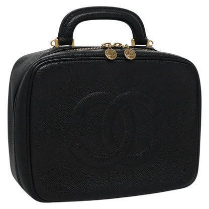CHANEL Vanity Cosmetic Pouch Caviar Skin Black Gold CC PP184