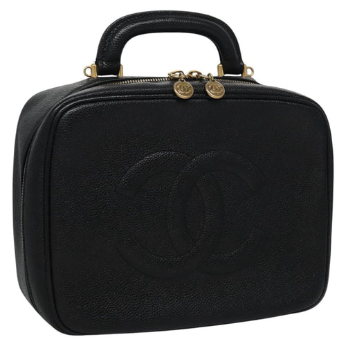 CHANEL Vanity Cosmetic Pouch Caviar Skin Black Gold CC PP184