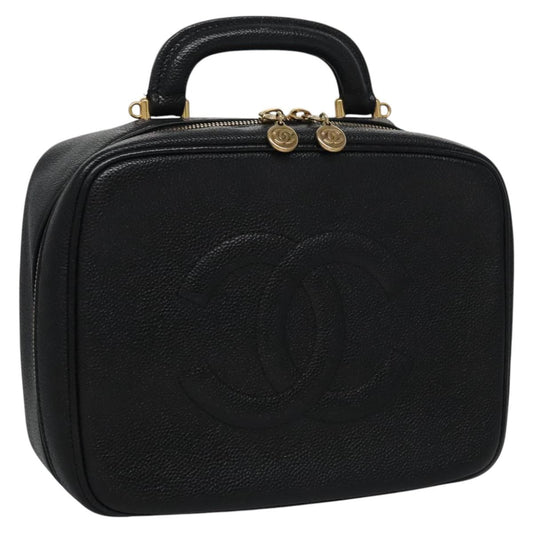 CHANEL Vanity Cosmetic Pouch Caviar Skin Black Gold CC PP184