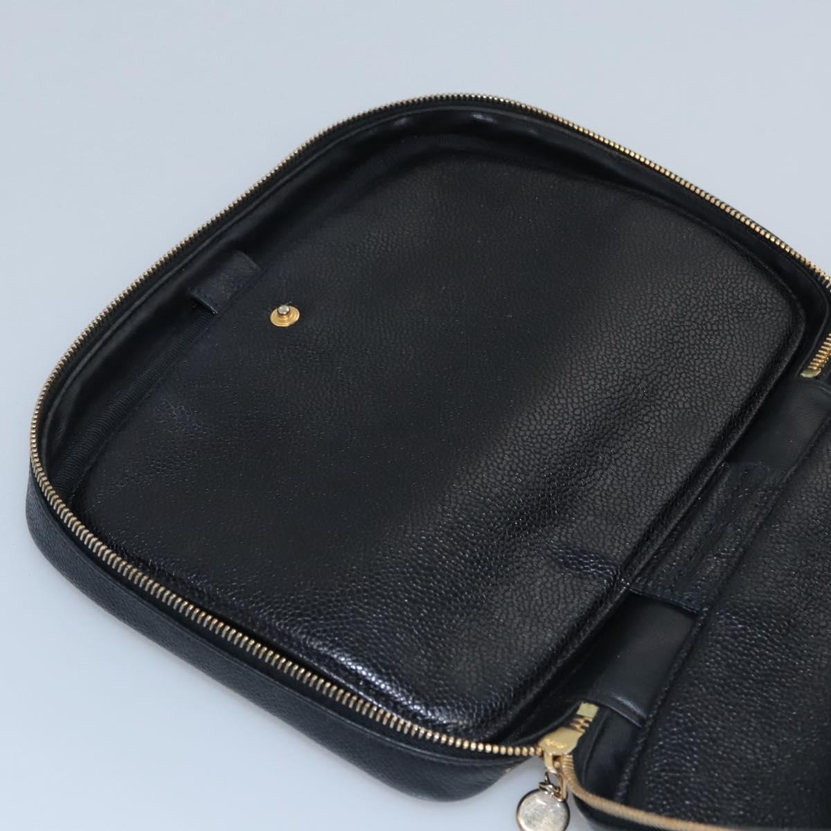 CHANEL Vanity Cosmetic Pouch Caviar Skin Black Gold CC PP184