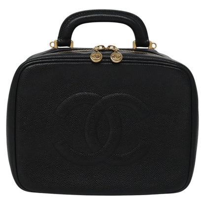 CHANEL Vanity Cosmetic Pouch Caviar Skin Black Gold CC PP184