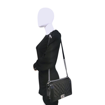 Chanel Boy Large Black Patent Leather Silver