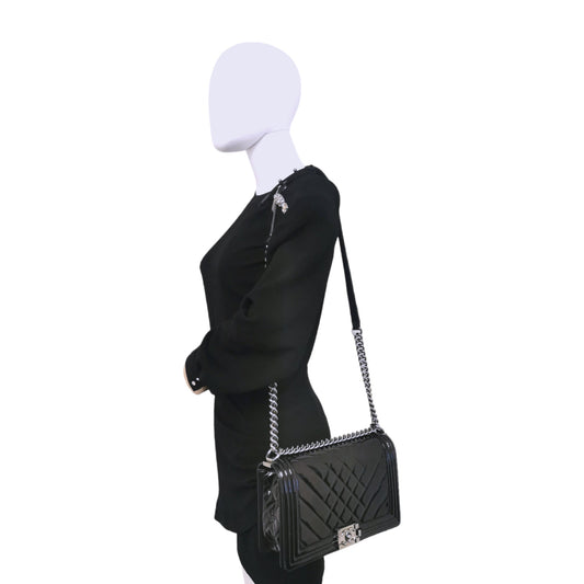 Chanel Boy Large Black Patent Leather Silver
