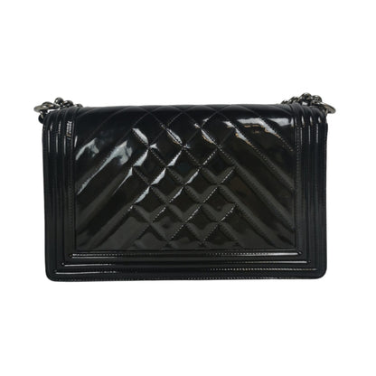 Chanel Boy Large Black Patent Leather Silver