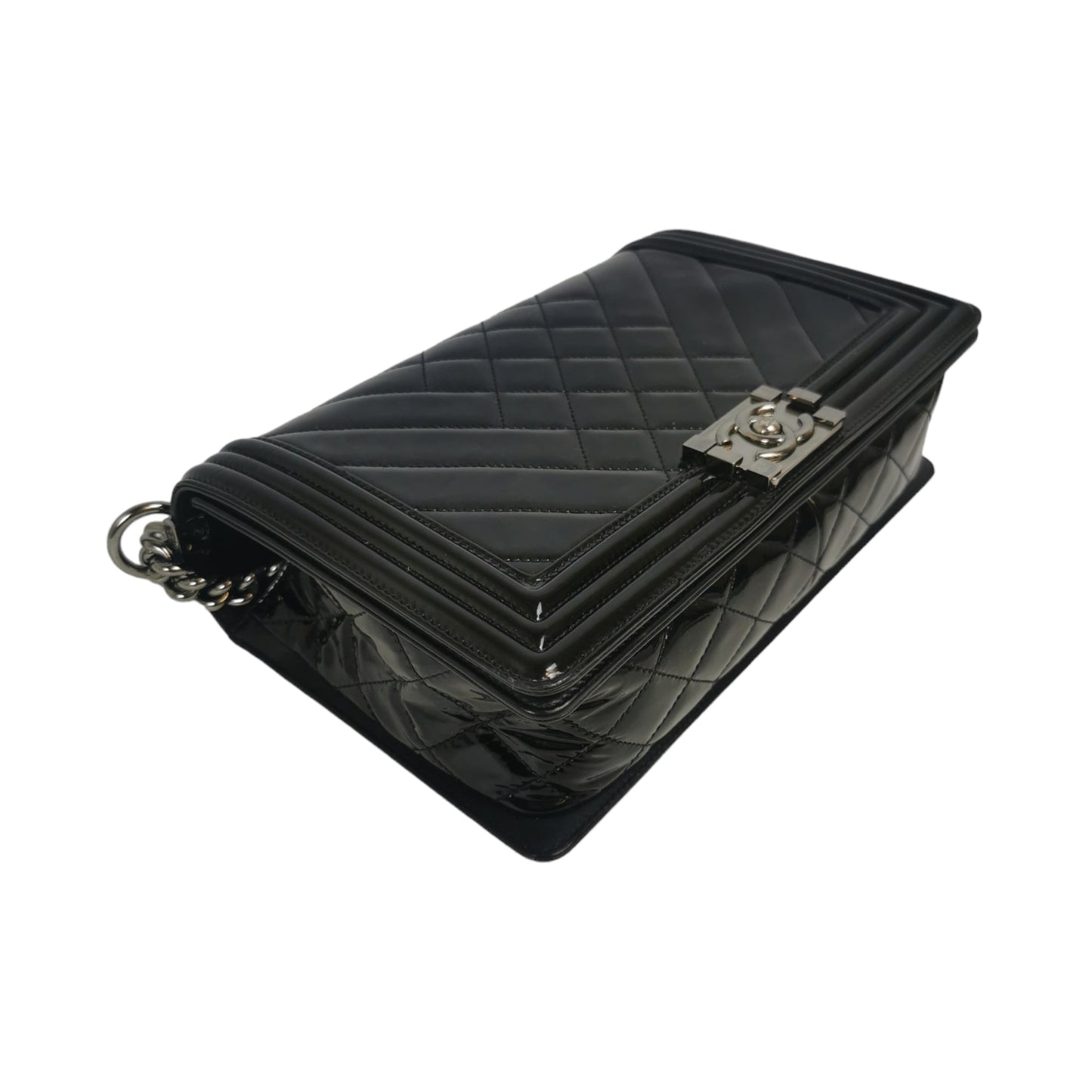 Chanel Boy Large Black Patent Leather Silver