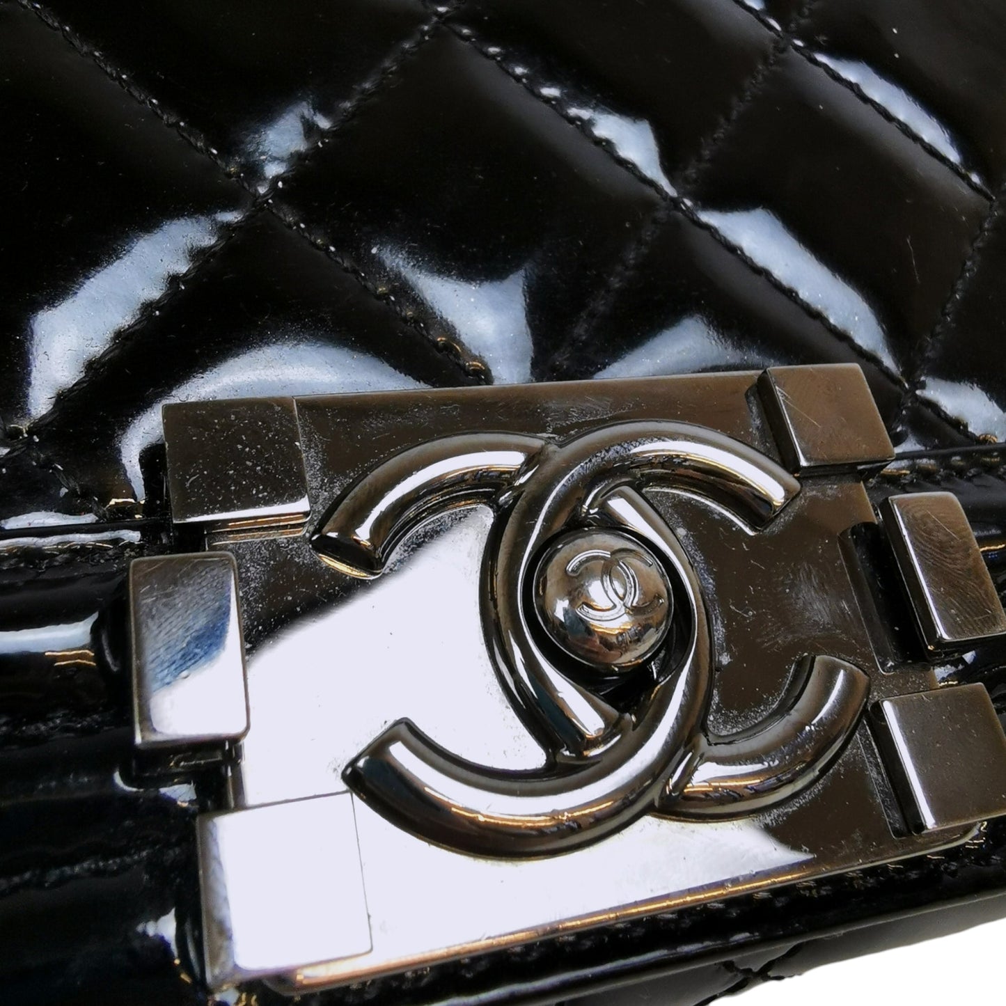 Chanel Boy Large Black Patent Leather Silver