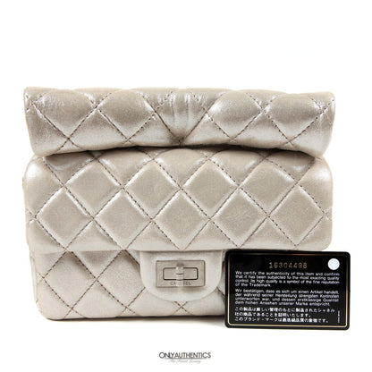 Chanel Silver Gold Leather Roll Handle Reissue Clutch