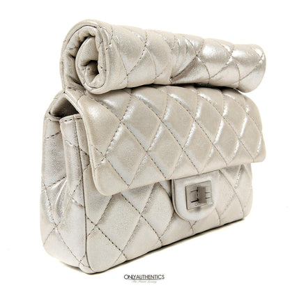 Chanel Silver Gold Leather Roll Handle Reissue Clutch
