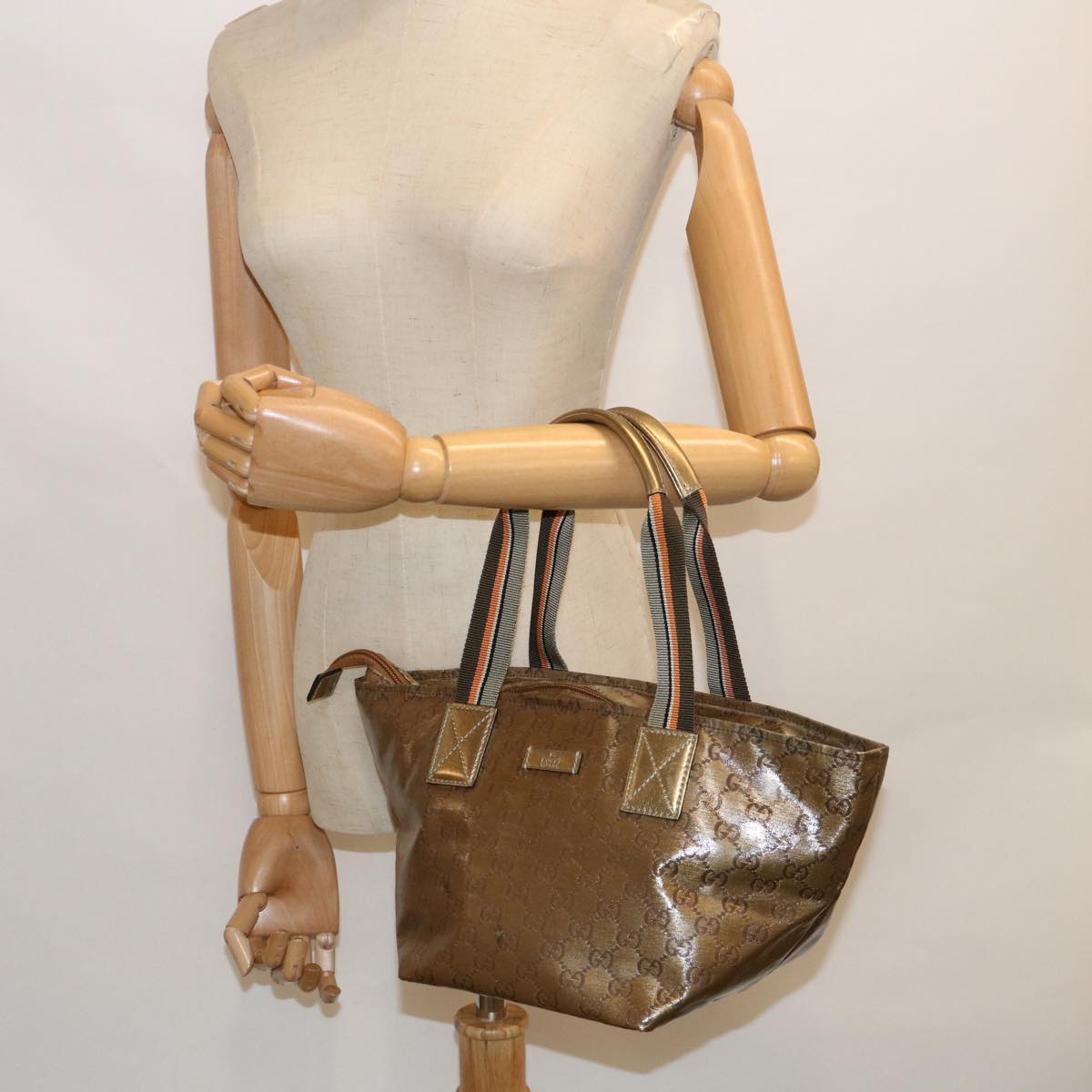 GUCCI GG Crystal Sherry Line Tote Bag Gold Tone Brown gray 131228  tb959