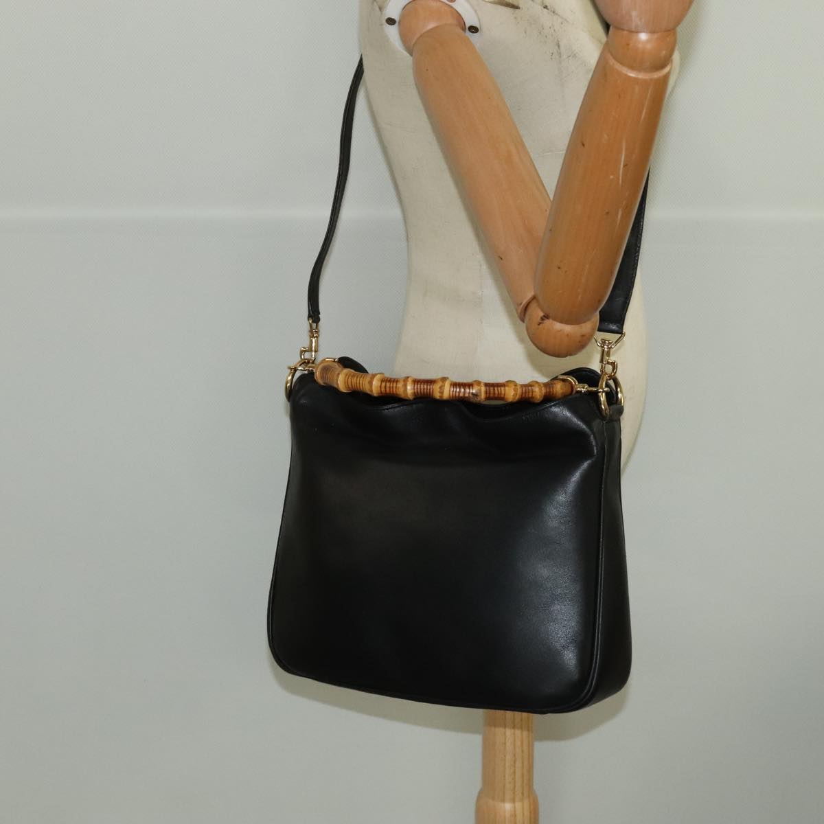 GUCCI Bamboo Hand Bag Leather 2way Black Gold 001 1638  th5433