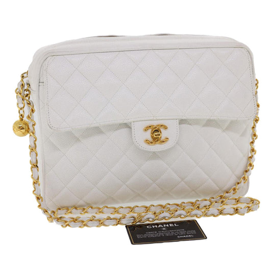 CHANEL Matelasse Chain Shoulder Bag Caviar Skin Gold White CC am1370gA