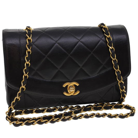 CHANEL Chain Turn Lock Diana Matelasse Shoulder Bag Lamb Skin Black 28470A