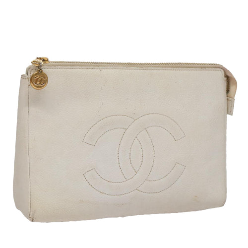 CHANEL Pouch Caviar Skin White Gold CC ti2536