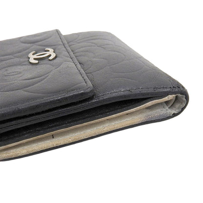 Chanel Camellia Double Flap Leather Wallet Black A47422