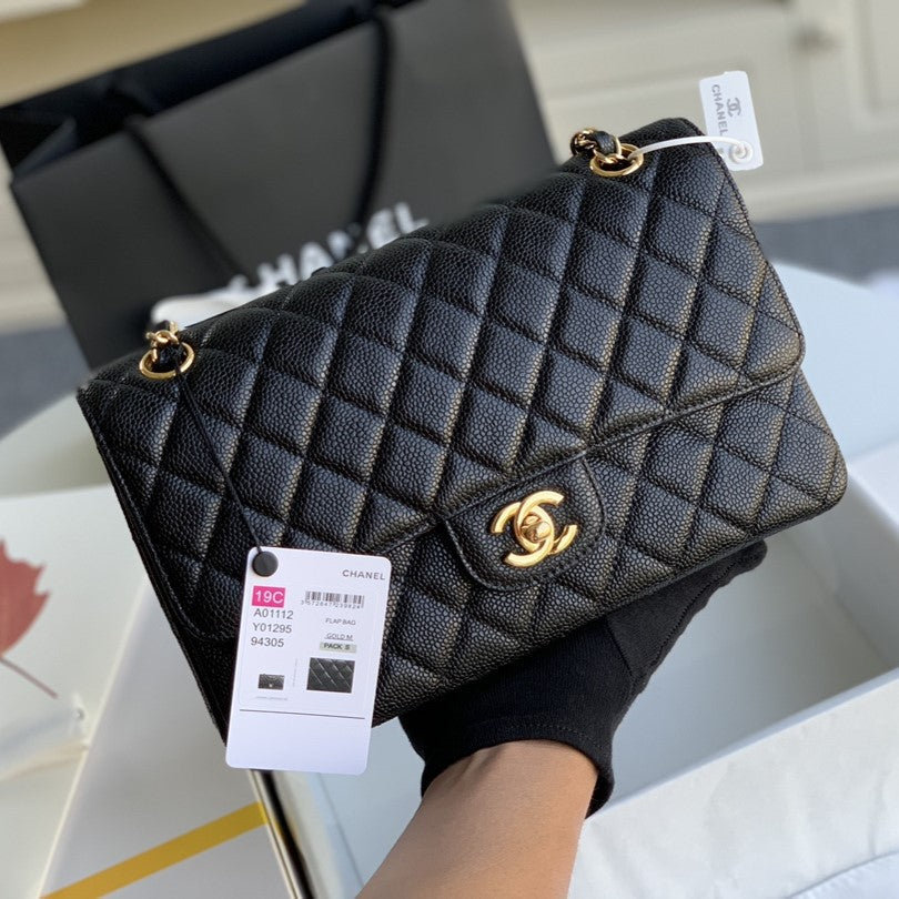 CHANEL MEDIUM FLAP BAG 25CM BLACK CAVIAR GOLD HARDWARE