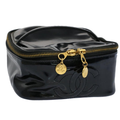 CHANEL Vanity Cosmetic Pouch Patent leather Black CC yb378