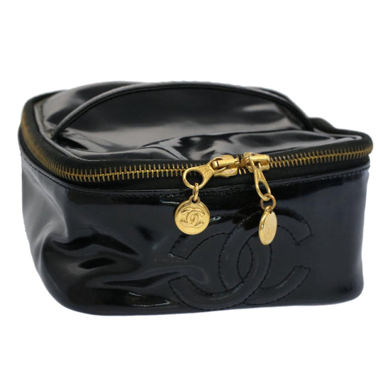 CHANEL Vanity Cosmetic Pouch Patent leather Black CC yb378