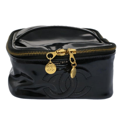 CHANEL Vanity Cosmetic Pouch Patent leather Black CC yb378