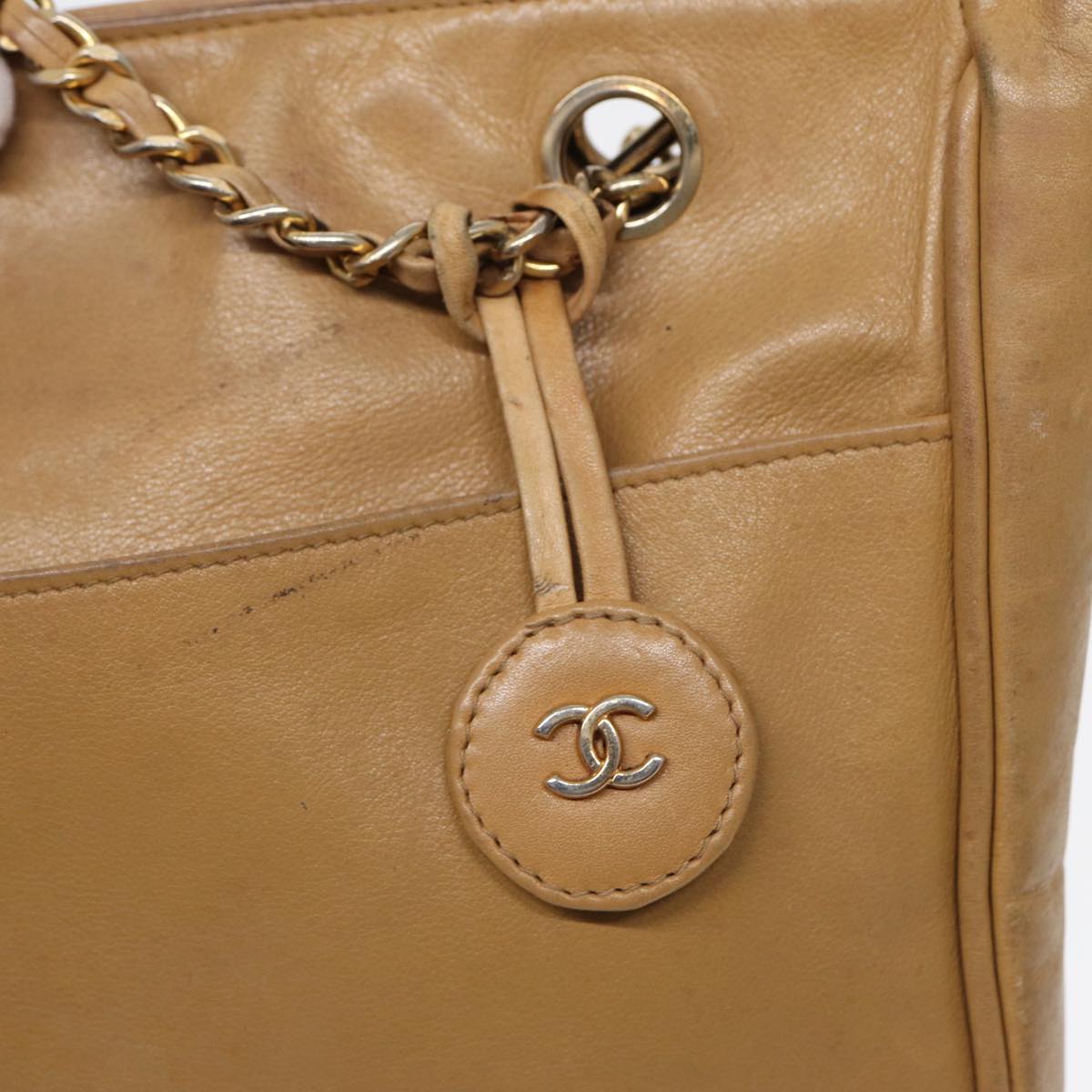 CHANEL Matelasse Chain Shoulder Bag Leather Beige Gold CC yb672
