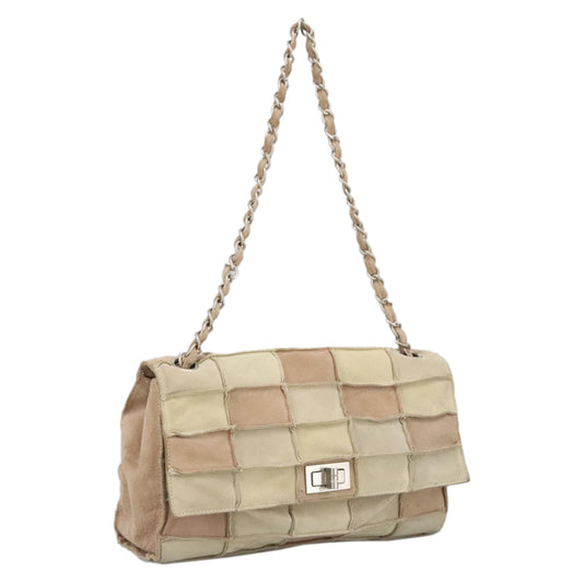 CHANEL Choco Bar Chain Shoulder Bag Suede Beige CC yb716