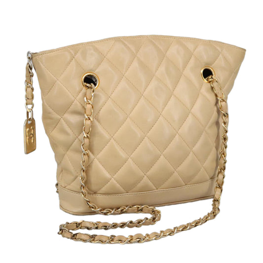 CHANEL Matelasse Chain Shoulder Bag Leather Beige CC yb718