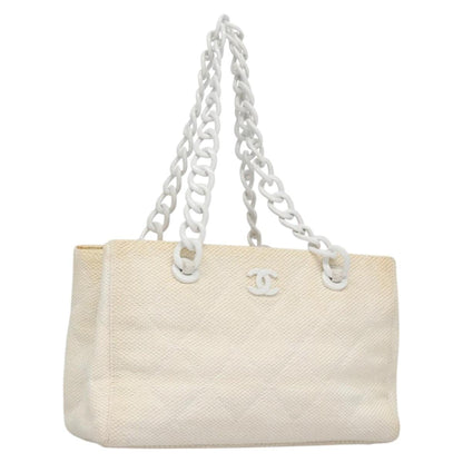 CHANEL Matelasse Chain Tote Bag Raffia White CC yb722