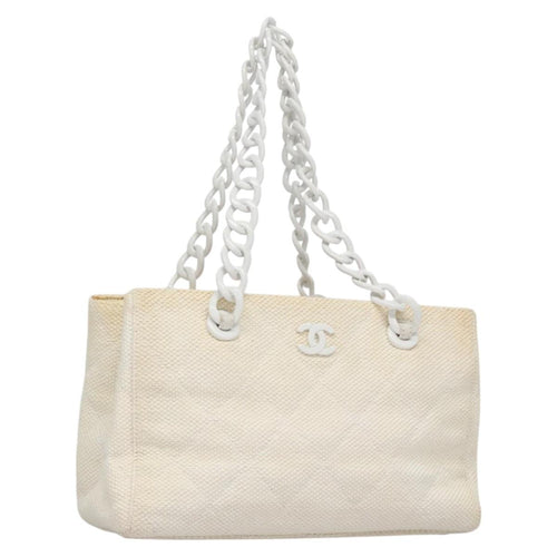CHANEL Matelasse Chain Tote Bag Raffia White CC yb722