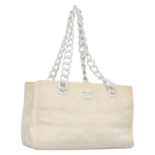 CHANEL Matelasse Chain Tote Bag Raffia White CC yb722