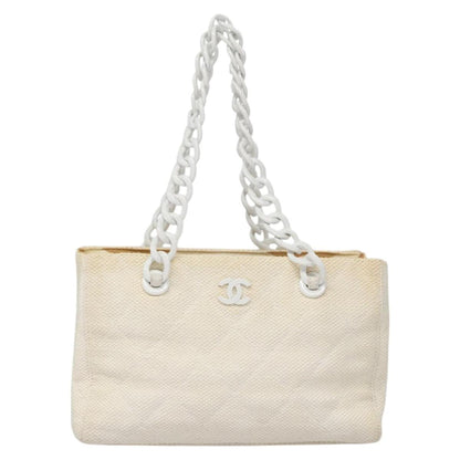 CHANEL Matelasse Chain Tote Bag Raffia White CC yb722
