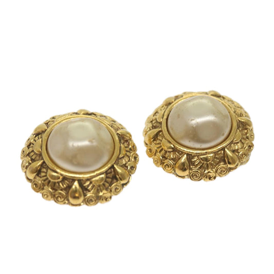 CHANEL Pearl Earring Gold Tone CC yk11111