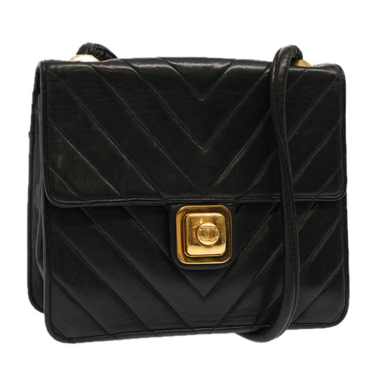 CHANEL V Stitch Shoulder Bag Lamb Skin Black CC yk11681