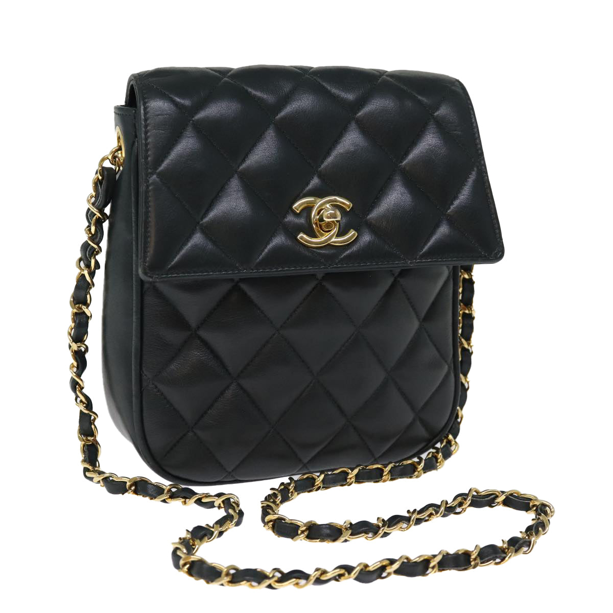 CHANEL Matelasse Turn Lock Chain Shoulder Bag Lamb Skin Green CC yk12713A