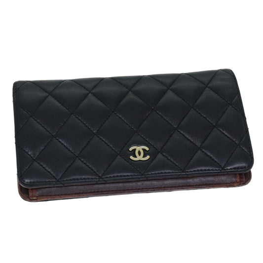 CHANEL Matelasse Long Wallet Lamb Skin Black CC yk13526