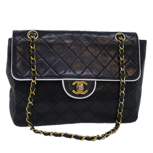 CHANEL Matelasse Turn Lock Chain Bag Lamb Skin Black White CC yk13824