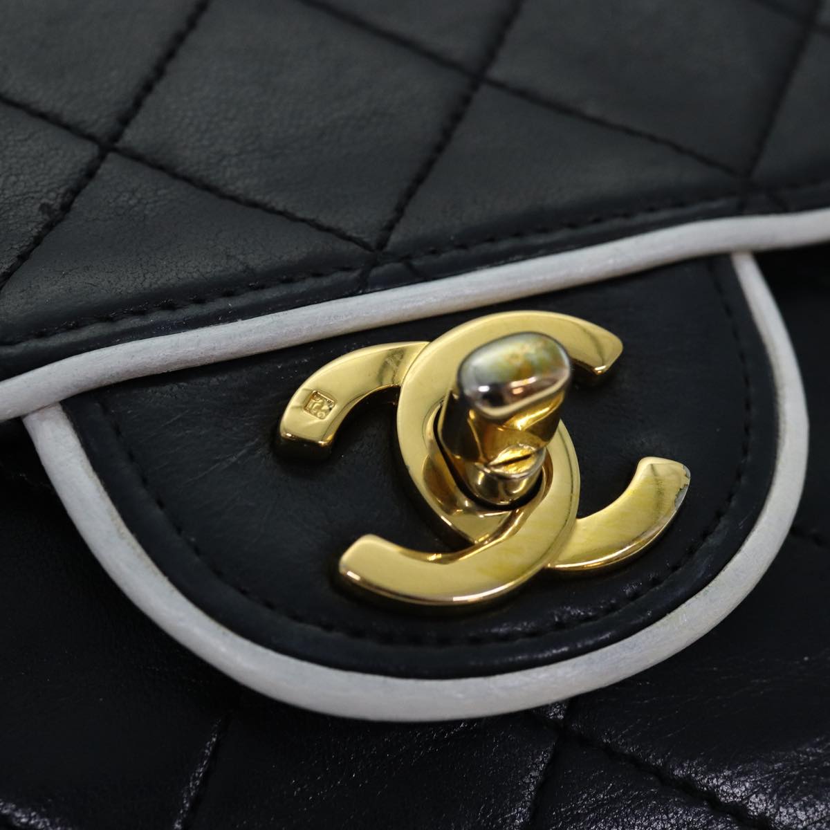 CHANEL Matelasse Turn Lock Chain Bag Lamb Skin Black White CC yk13824