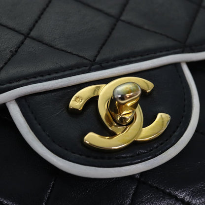 CHANEL Matelasse Turn Lock Chain Bag Lamb Skin Black White CC yk13824