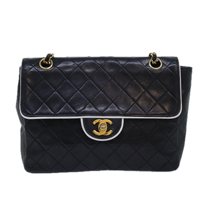 CHANEL Matelasse Turn Lock Chain Bag Lamb Skin Black White CC yk13824