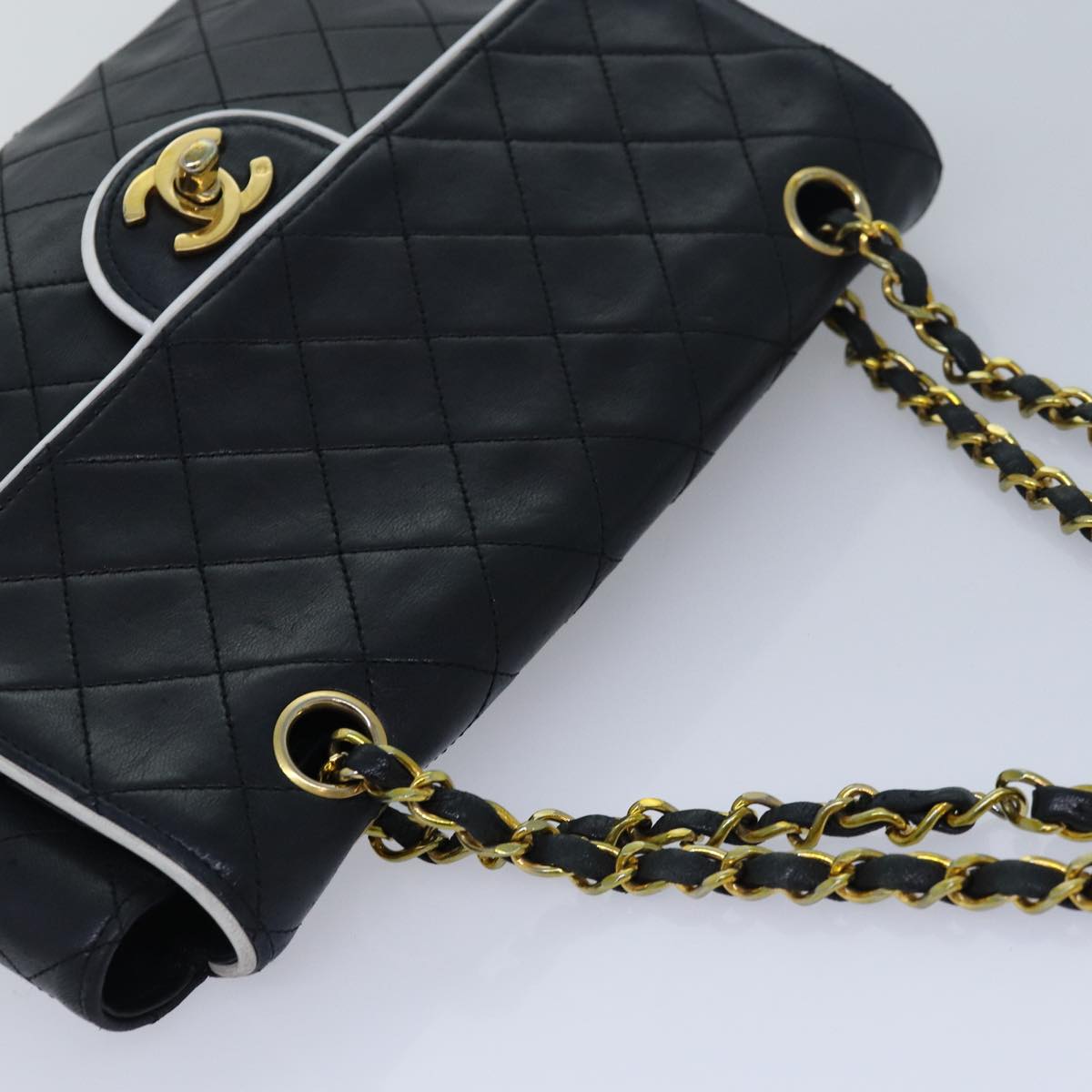 CHANEL Matelasse Turn Lock Chain Bag Lamb Skin Black White CC yk13824