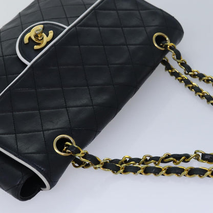 CHANEL Matelasse Turn Lock Chain Bag Lamb Skin Black White CC yk13824