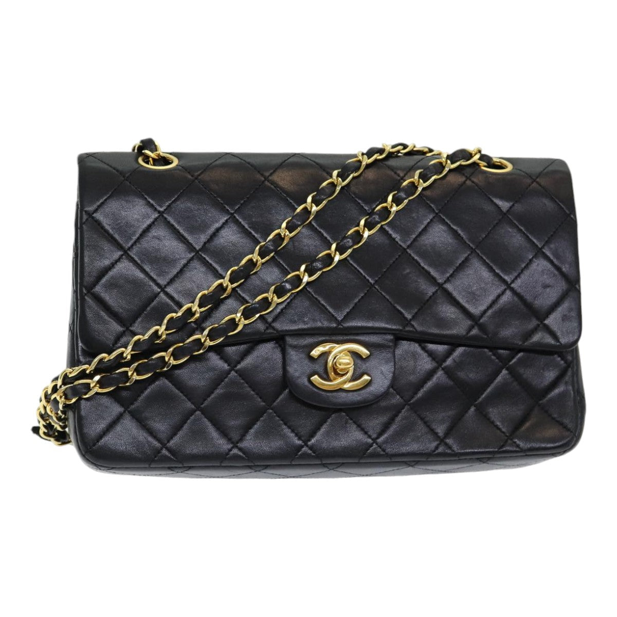 CHANEL Matelasse 25 Turn Lock Chain Hand Bag Lamb Skin Black CC yk14030A