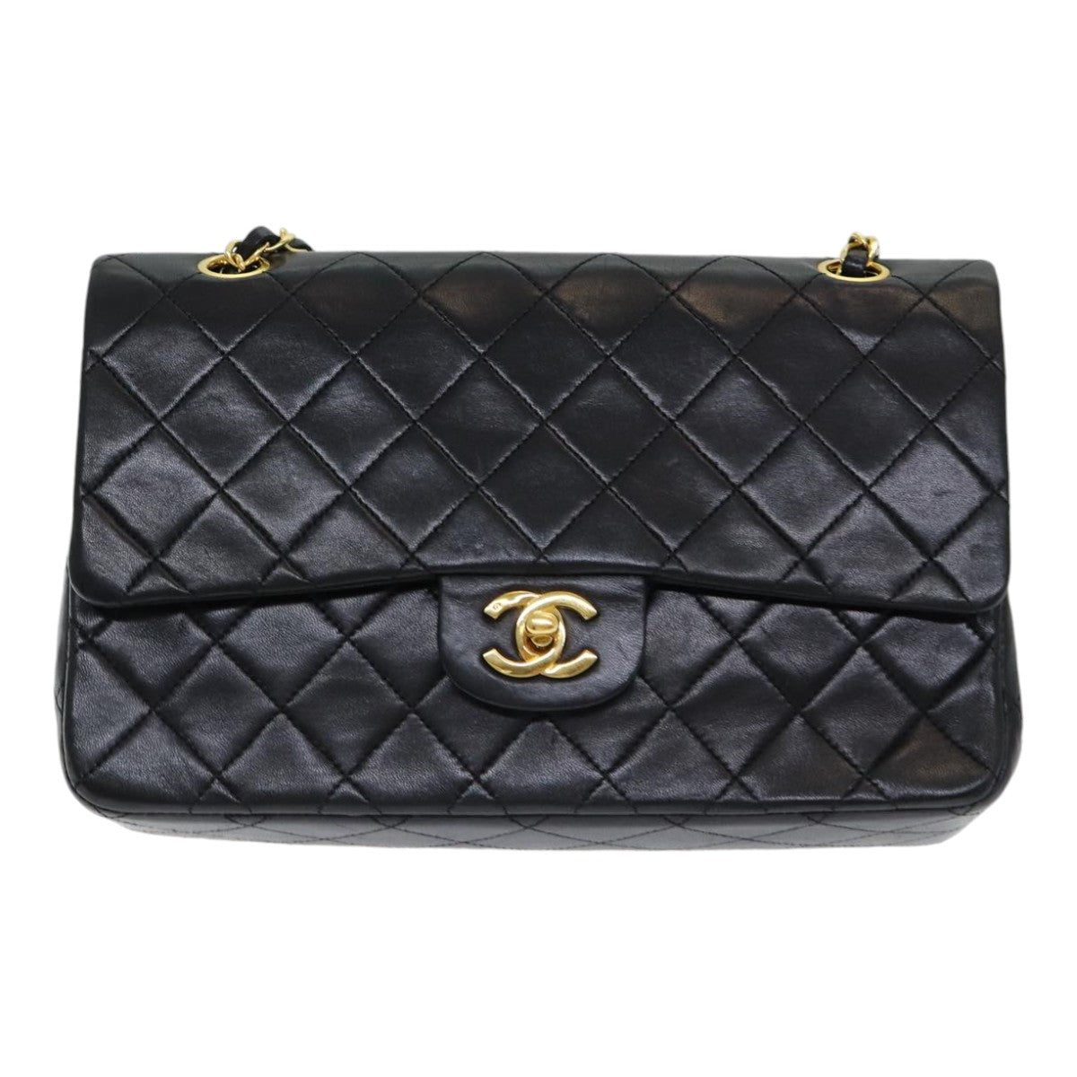 CHANEL Matelasse 25 Turn Lock Chain Hand Bag Lamb Skin Black CC yk14030A
