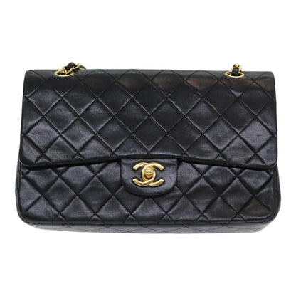 CHANEL Matelasse 25 Turn Lock Chain Hand Bag Lamb Skin Black CC yk14030A