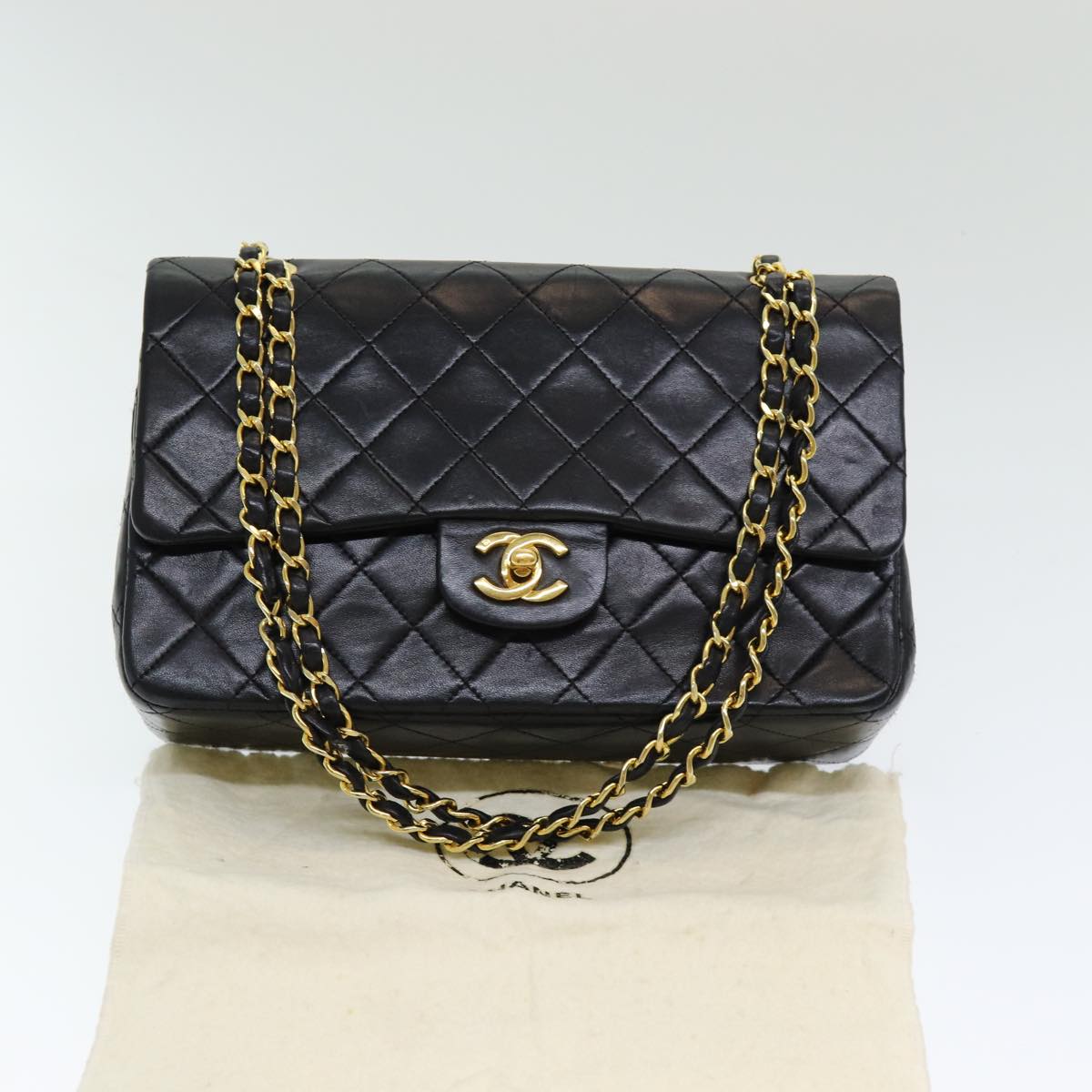 CHANEL Matelasse 25 Turn Lock Chain Hand Bag Lamb Skin Black CC yk14030A