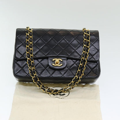 CHANEL Matelasse 25 Turn Lock Chain Hand Bag Lamb Skin Black CC yk14030A