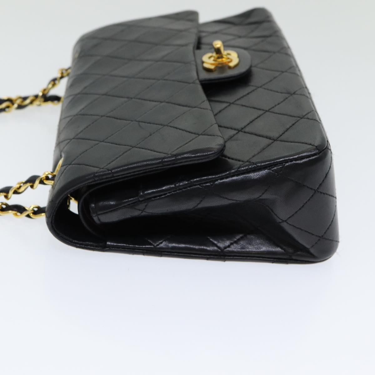 CHANEL Matelasse 25 Turn Lock Chain Hand Bag Lamb Skin Black CC yk14030A