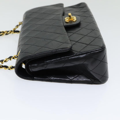 CHANEL Matelasse 25 Turn Lock Chain Hand Bag Lamb Skin Black CC yk14030A