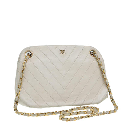 CHANEL V Stitch Chain Hand Bag Leather White CC yk14103
