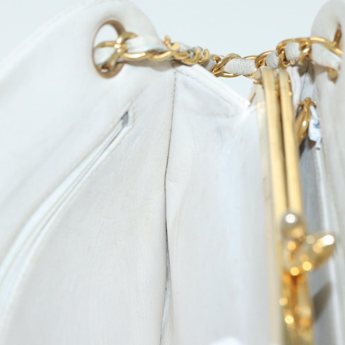 CHANEL V Stitch Chain Hand Bag Leather White CC yk14103